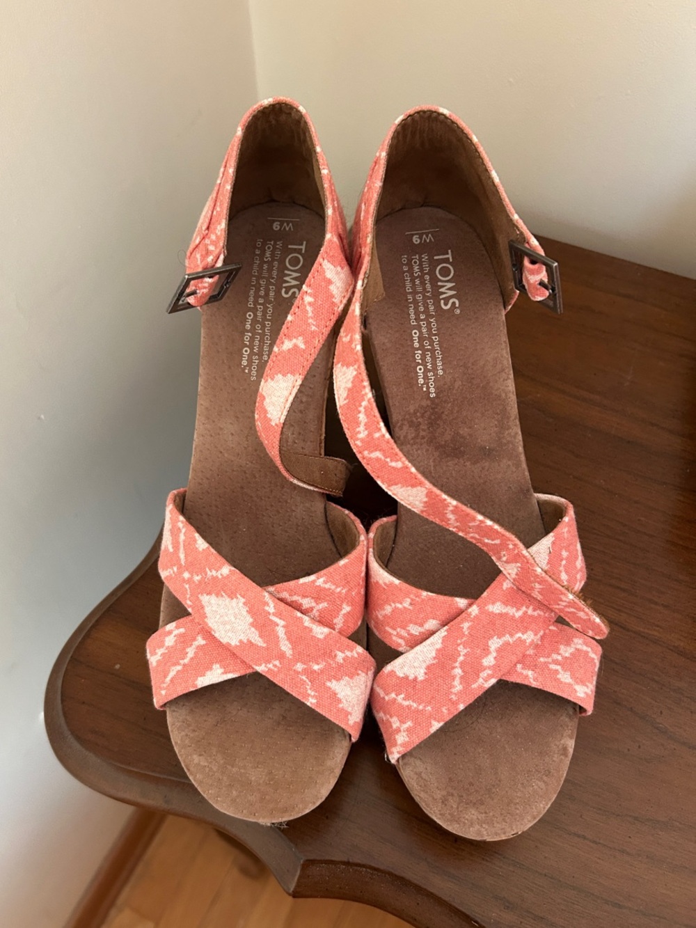 TOMS Coral and White Cross-Strap Wedge Sandals
